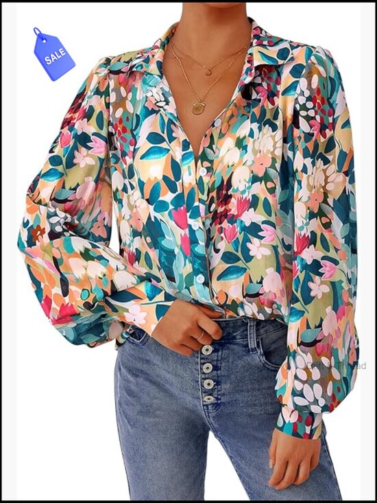 Tops - Floral Blouse V-Neck Button Down Lantern Long Sleeve Chiffon Top Boho Shirt